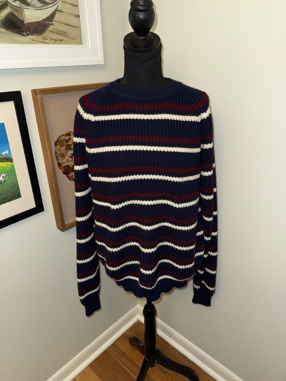 VTG men’s sweater graphix Navy Red White Striped Sweater Oversized Large Grandpa